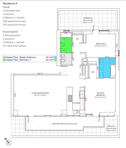 Floor plan for electric radiant floor heating installation on bathrooms in West Broadway, New York